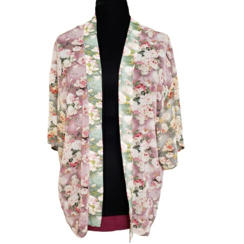 Entro Floral Semi Sheer Half Sleeve Pastel Open Cardigan‎ Kimono Easter